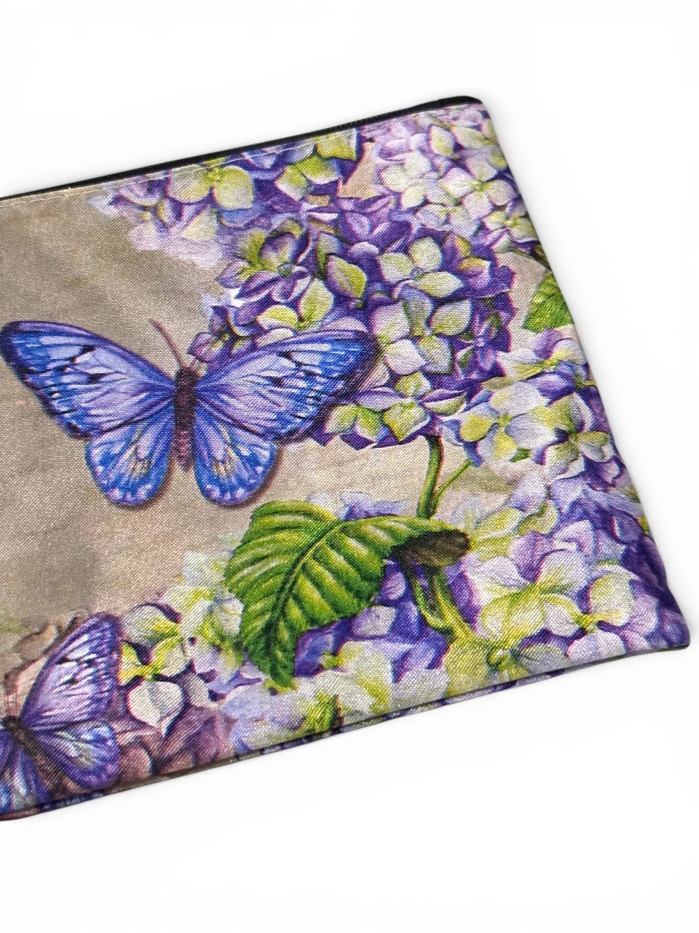 Butterfly & Floral Hydrangea Pouch Wristlet Makeup & Travel Bag EUC